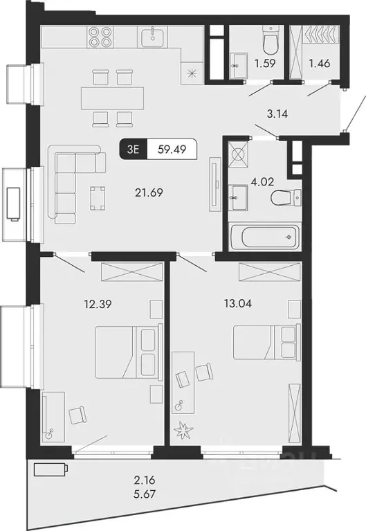 3-к кв. Крым, Алушта  (59.49 м) - Фото 0