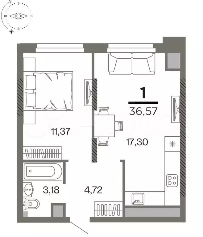 1-к. квартира, 36,6м, 18/26эт. - Фото 0