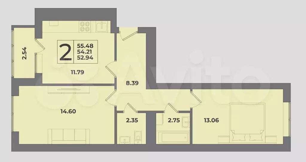 2-к. квартира, 56 м, 2/9 эт. - Фото 1