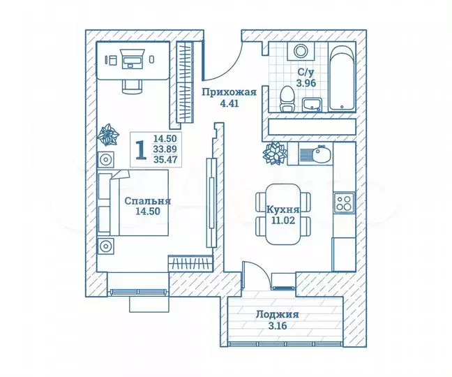 1-к. квартира, 35,5м, 7/7эт. - Фото 0