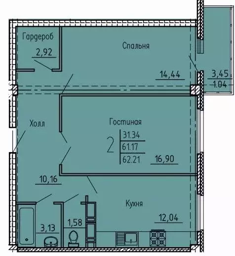 Квартира, 2 комнаты, 62.21 м - Фото 0