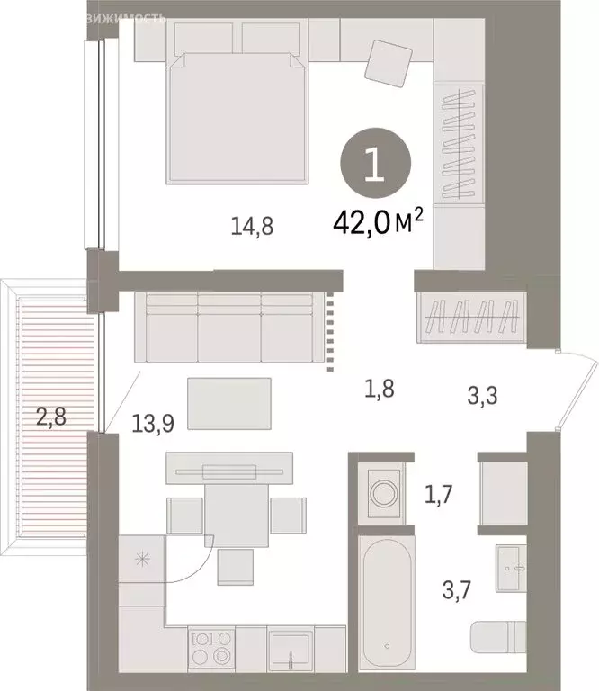 1-комнатная квартира: Тюмень, Мысовская улица, 26к1 (41.98 м) - Фото 1