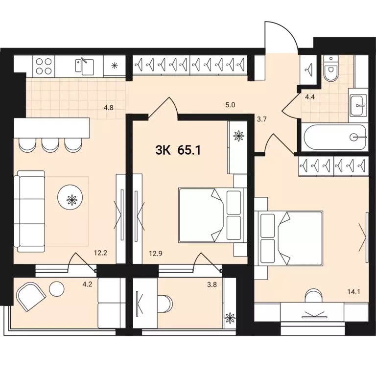 3-к квартира, 65.1 м - Фото 0
