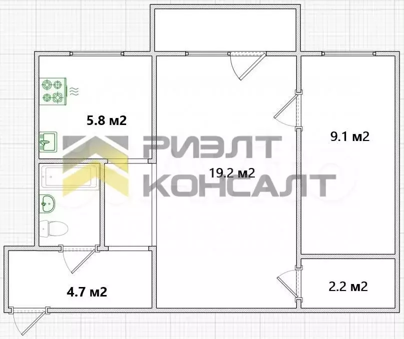 2-к. квартира, 43,8 м, 3/5 эт. - Фото 0