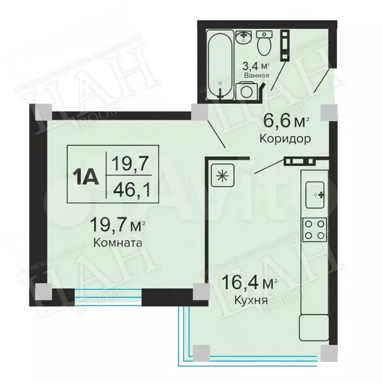 1-к. квартира, 46,1 м, 2/9 эт. - Фото 0