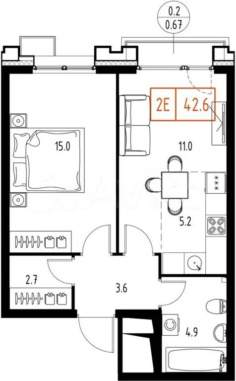 1-к. квартира, 42,6 м, 7/9 эт. - Фото 1