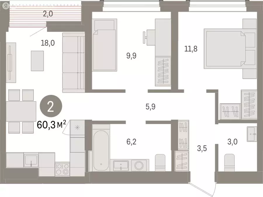 2-комнатная квартира: Новосибирск, улица Аэропорт (60.3 м) - Фото 1