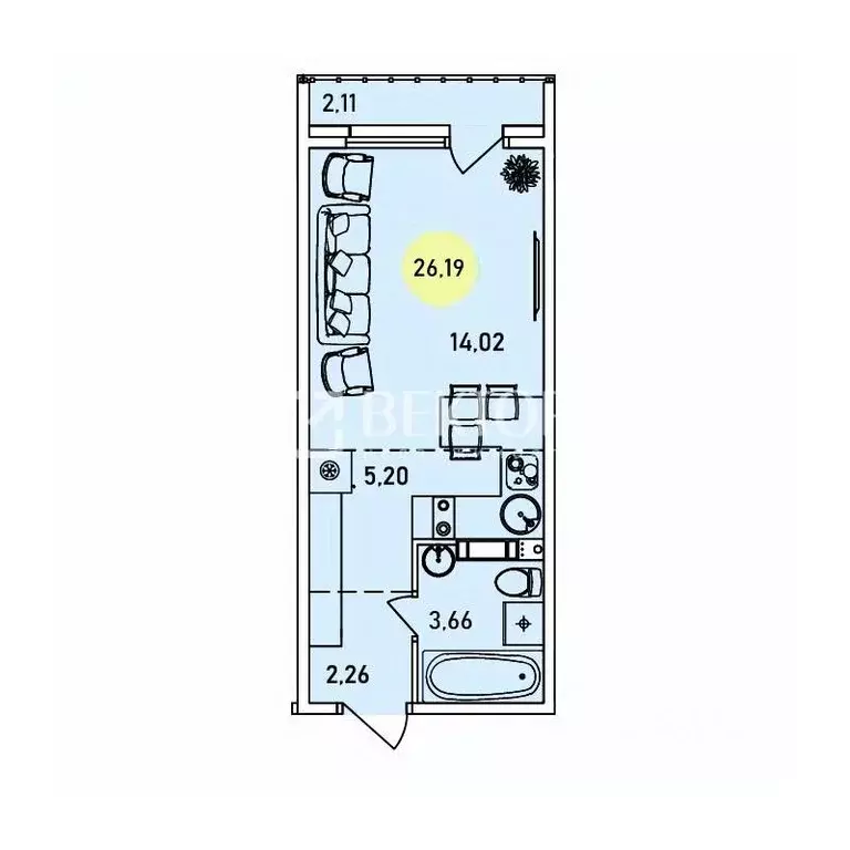 Студия Ярославская область, Ярославль ул. Лескова, 44 (26.19 м) - Фото 2