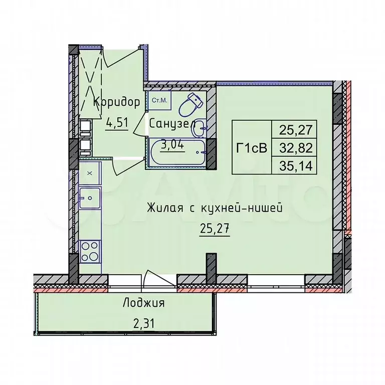 Квартира-студия, 35,1 м, 4/11 эт. - Фото 0