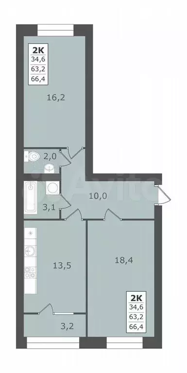 2-к. квартира, 66,4 м, 2/4 эт. - Фото 1