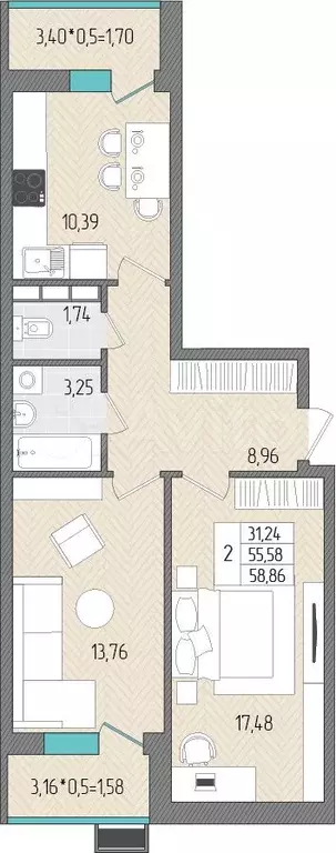 2-к. квартира, 58,9 м, 7/8 эт. - Фото 0