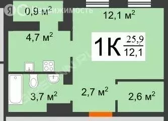 1-комнатная квартира: Нижний Новгород, улица Бориса Видяева, 26 (25.9 ... - Фото 1