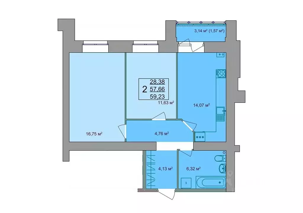 2-к кв. Костромская область, Кострома Привокзальная ул., 12 (59.23 м) - Фото 0