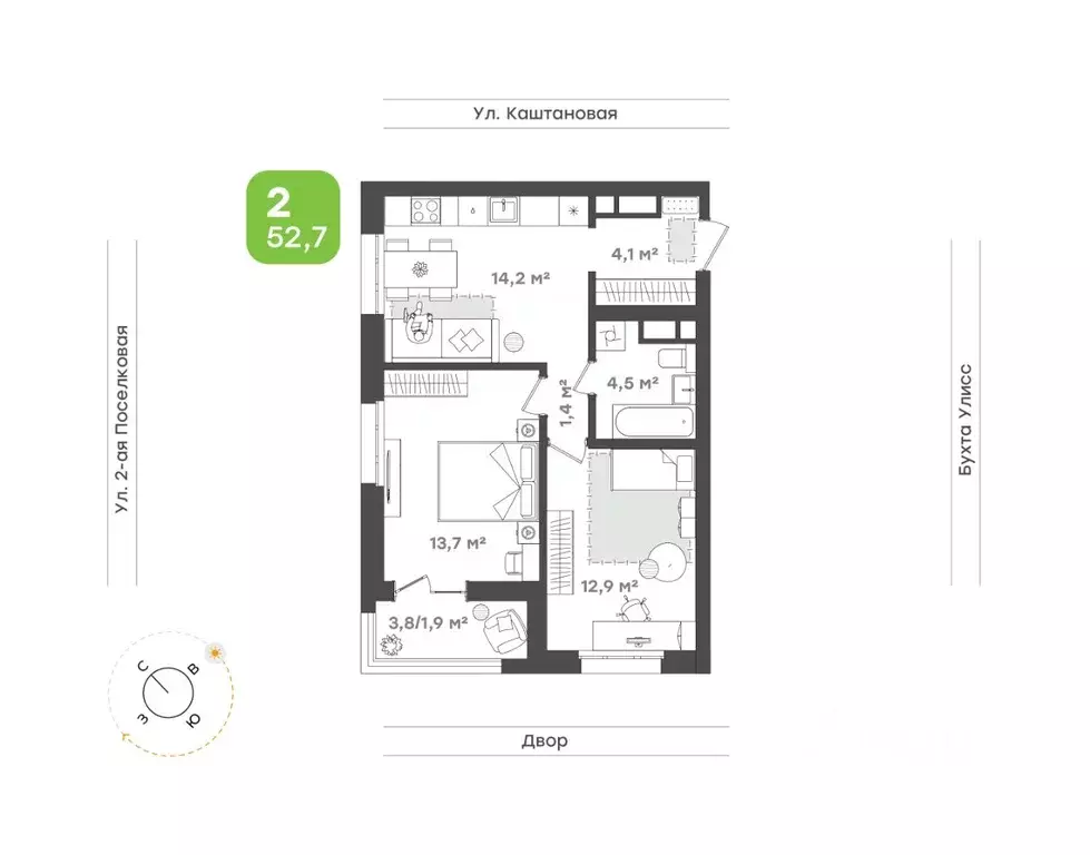 2-к кв. Приморский край, Владивосток ул. 3-я Поселковая, 16/1 (52.7 м) - Фото 1
