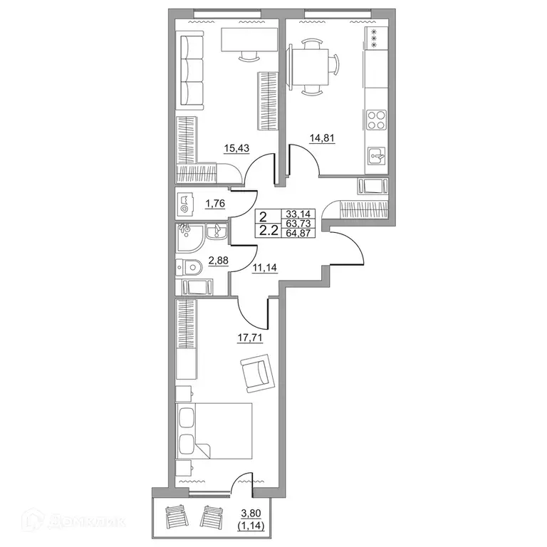 Продаётся 2-к квартира, 64.87 м - Фото 1