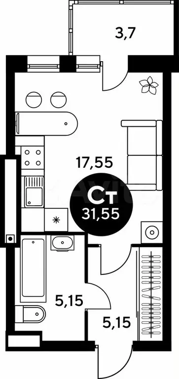 Квартира-студия, 31,4 м, 7/9 эт. - Фото 1