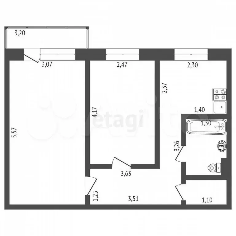 2-к. квартира, 43,9 м, 4/5 эт. - Фото 0