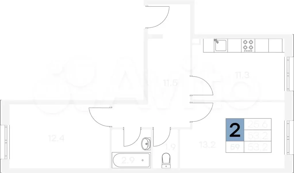 2-к. квартира, 53,2 м, 1/9 эт. - Фото 1