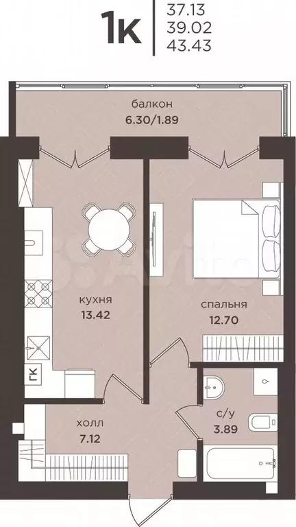 1-к. квартира, 39 м, 2/7 эт. - Фото 1