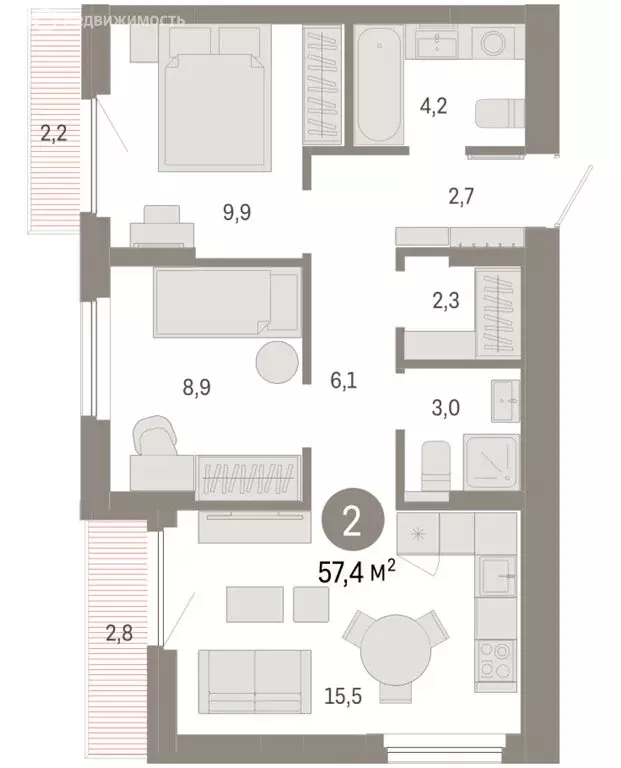 2-комнатная квартира: Новосибирский район, рабочий посёлок Краснообск, ... - Фото 2