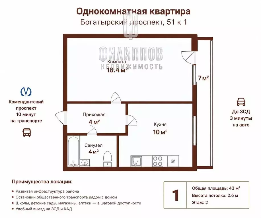 1-к кв. Санкт-Петербург Богатырский просп., 51к1 (43.0 м) - Фото 2