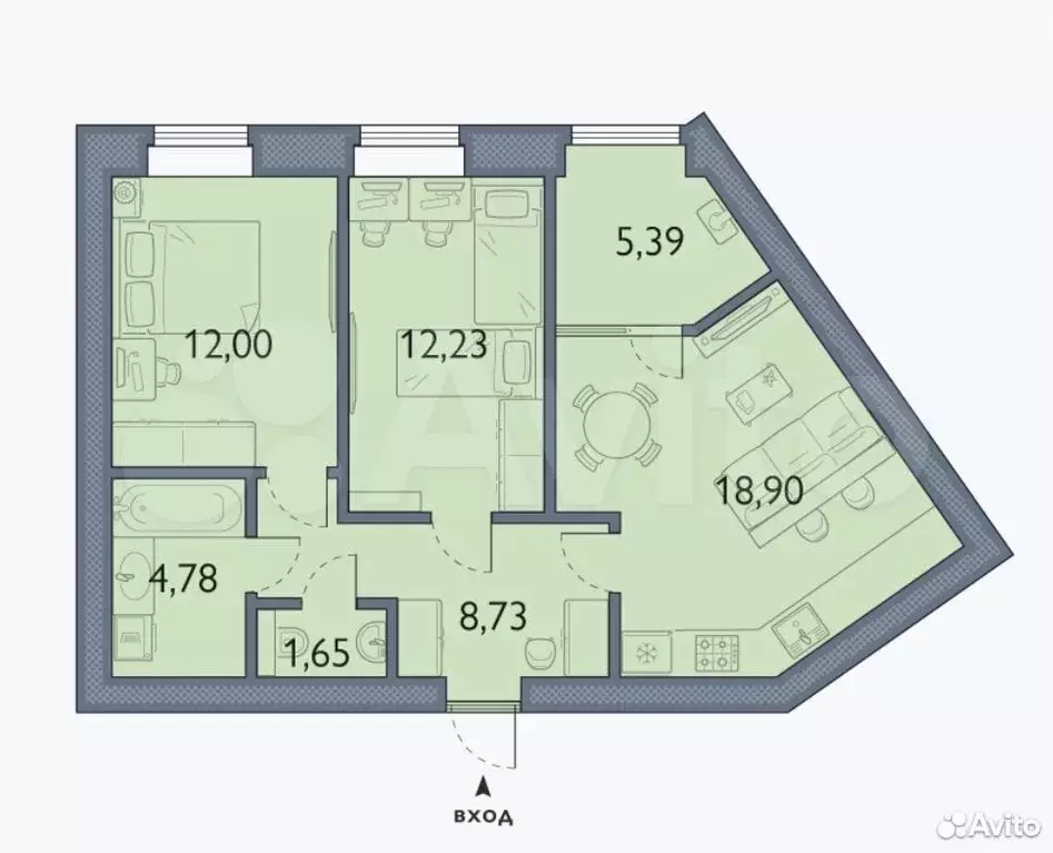 2-к. квартира, 63,7 м, 1/6 эт. - Фото 1
