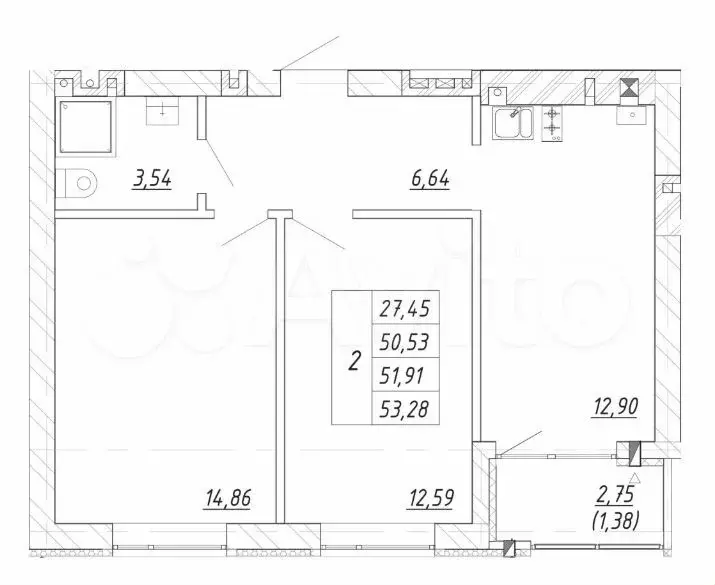 2-к. квартира, 51,9 м, 3/4 эт. - Фото 1