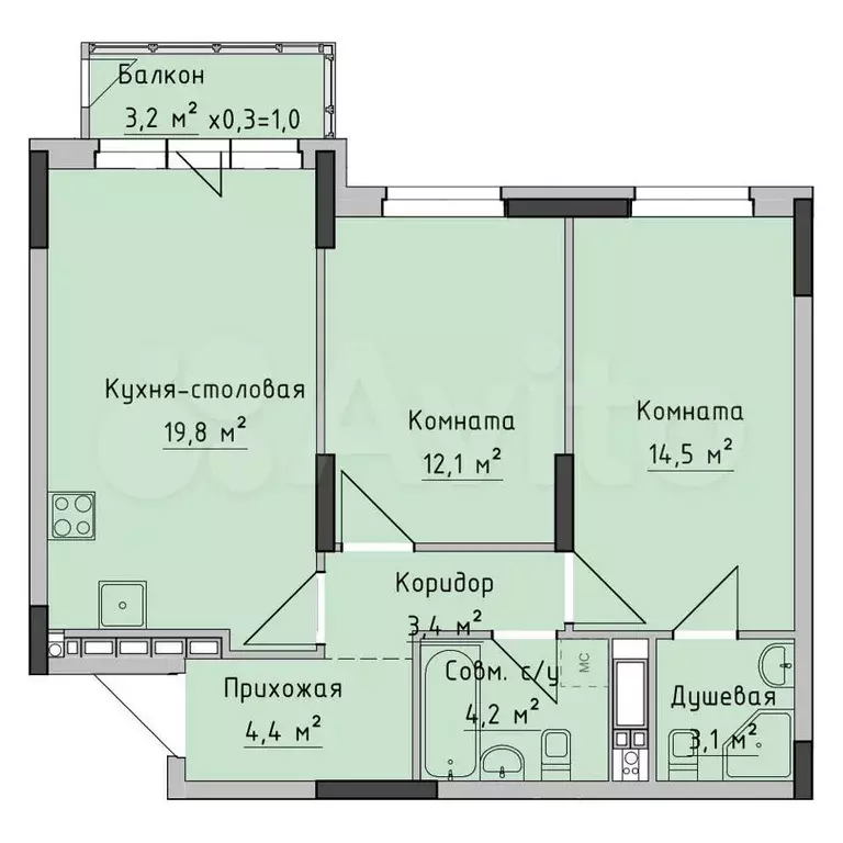 2-к. квартира, 61,5 м, 4/18 эт. - Фото 0