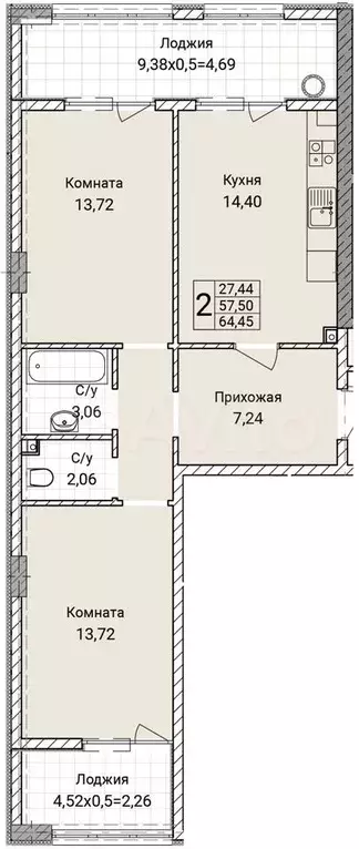 2-к. квартира, 64,5 м, 1/9 эт. - Фото 0