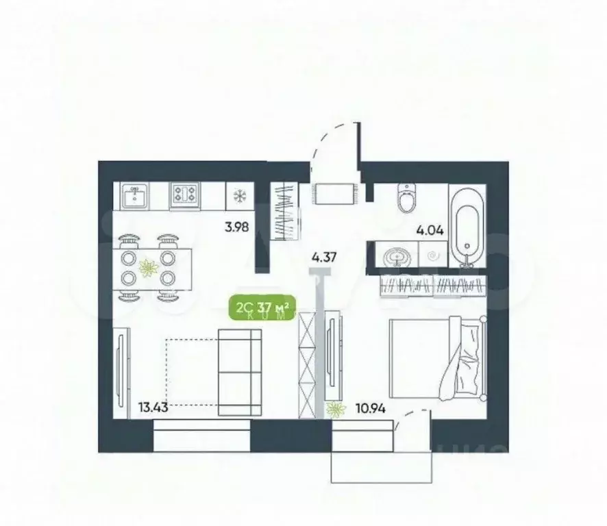 2-к. квартира, 36,9 м, 3/4 эт. - Фото 0