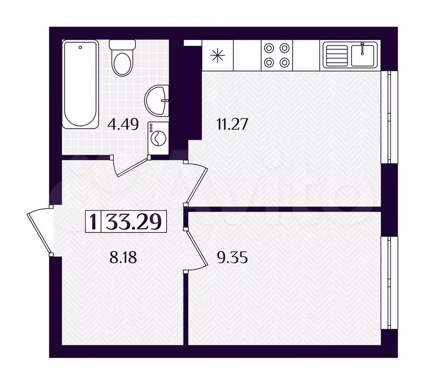 1-к. квартира, 33,3 м, 1/7 эт. - Фото 1