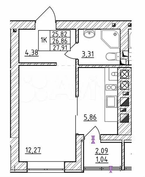 1-к. квартира, 26,9 м, 2/7 эт. - Фото 1