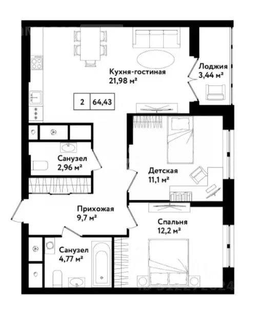 2-к кв. Тульская область, Тула ул. Седова, 26к2 (66.2 м) - Фото 0