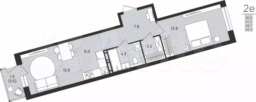 2-к. квартира, 48,7 м, 3/8 эт. - Фото 0