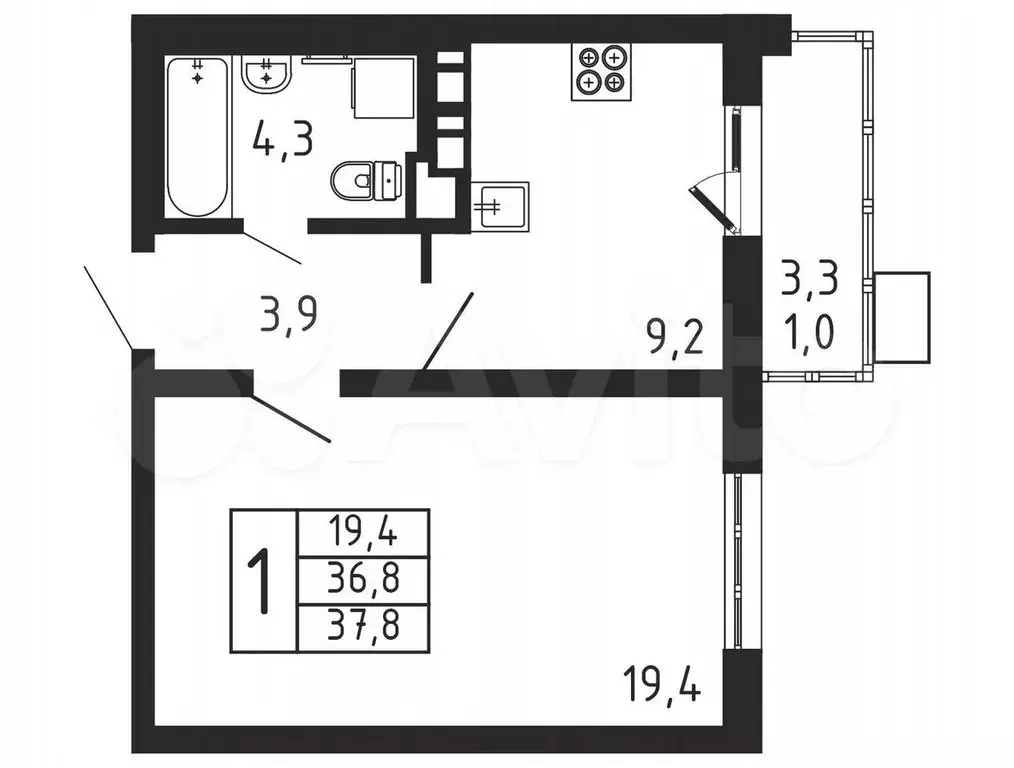 1-к. квартира, 37,8 м, 2/9 эт. - Фото 0