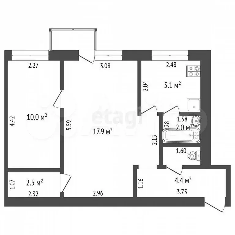2-к. квартира, 44,2 м, 5/5 эт. - Фото 0