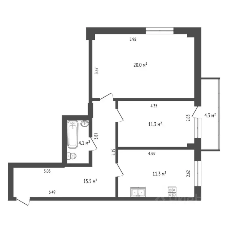 2-к кв. Тюменская область, Тюмень Харьковская ул., 59/5 (62.2 м) - Фото 2
