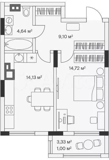 1-к. квартира, 42,9 м, 1/7 эт. - Фото 1