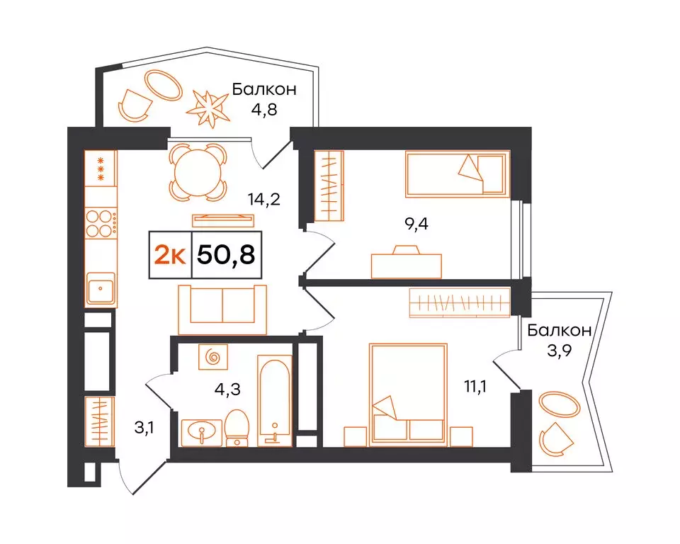 2-комнатная квартира: Екатеринбург, улица Патриса Лумумбы, 54 (50.8 м) - Фото 1