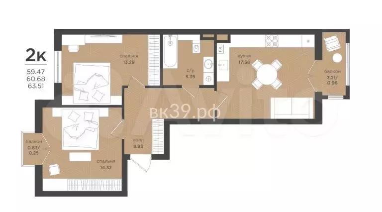 2-к. квартира, 60,7 м, 2/4 эт. - Фото 1