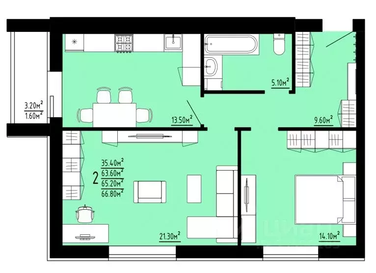 2-к кв. Мордовия, Саранск Республиканская ул., 38 (65.2 м) - Фото 1