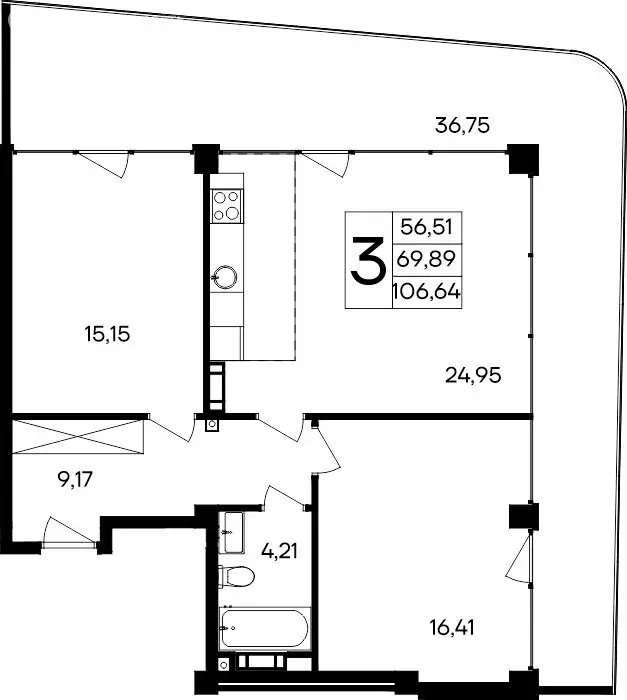 3-комнатная квартира: Прибрежное, Симферопольское шоссе, 177 (106.64 ... - Фото 1