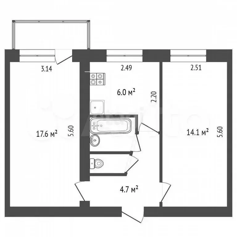 2-к. квартира, 46,1 м, 3/5 эт. - Фото 0