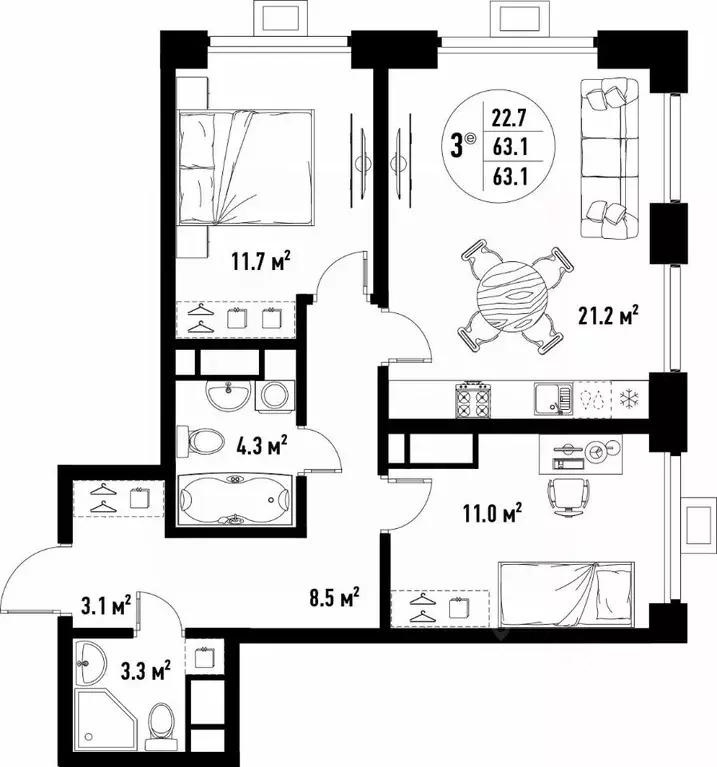 3-к кв. Астраханская область, Астрахань ул. Бэра, 29 (63.1 м) - Фото 2