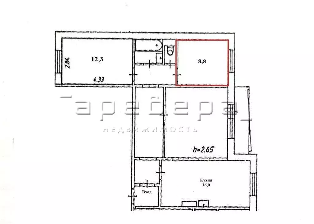 1к в -комнатной квартире (9 м) - Фото 2