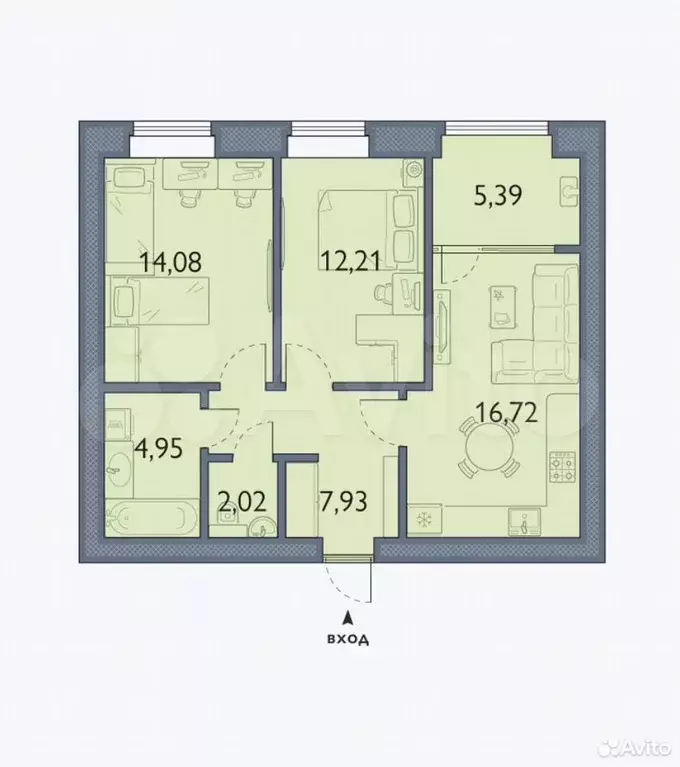 2-к. квартира, 63,3 м, 4/8 эт. - Фото 1