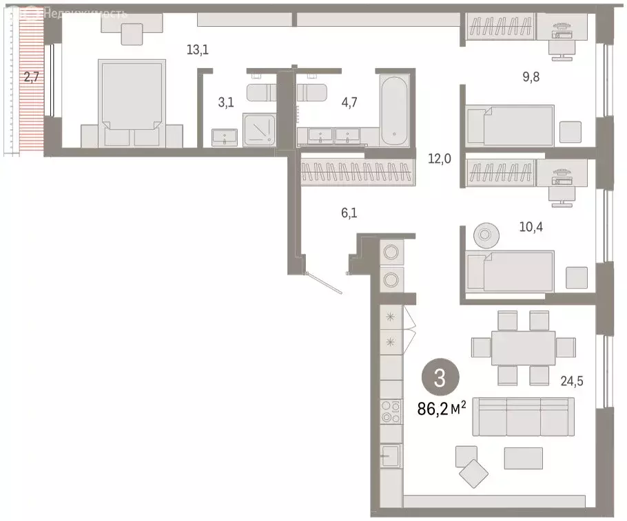 3-комнатная квартира: Тюмень, Краснооктябрьская улица, 4к2 (85.7 м) - Фото 2