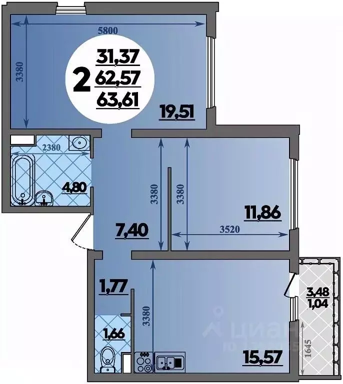 2-к кв. Адыгея, Майкоп  (63.61 м) - Фото 1