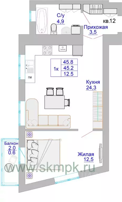 1-к кв. Калининградская область, Калининград Печатная ул. (45.8 м) - Фото 0