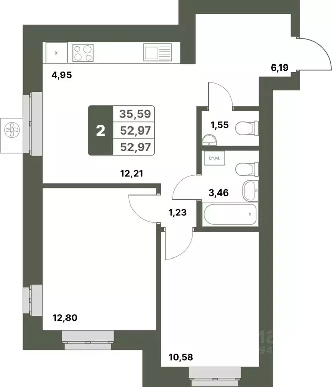 2-к кв. Башкортостан, Уфимский район, с. Миловка  (52.97 м) - Фото 0